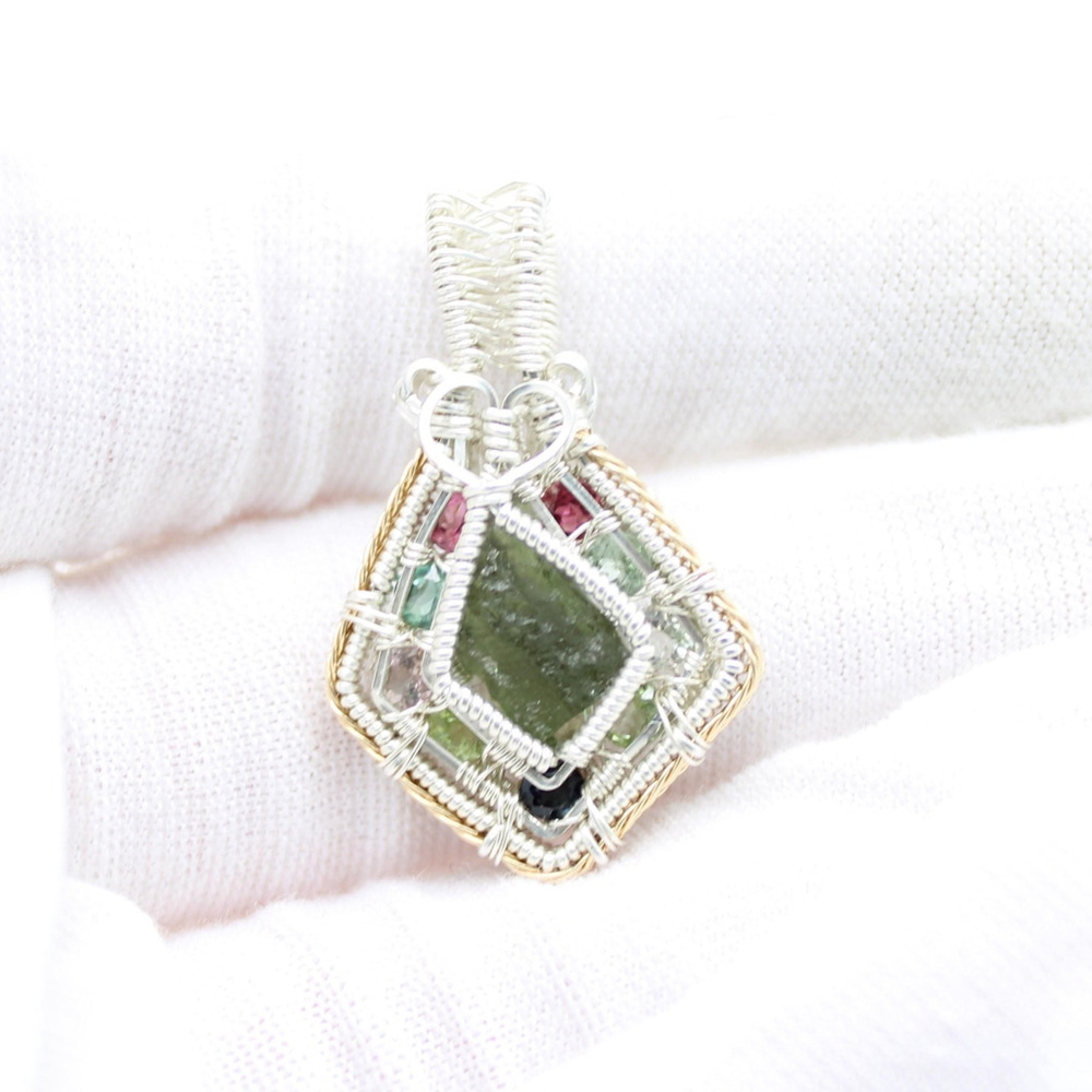 Handmade Moldavite & Tourmaline Pendant – Sterling Silver Crystal Necklace - Picture 4 of 10